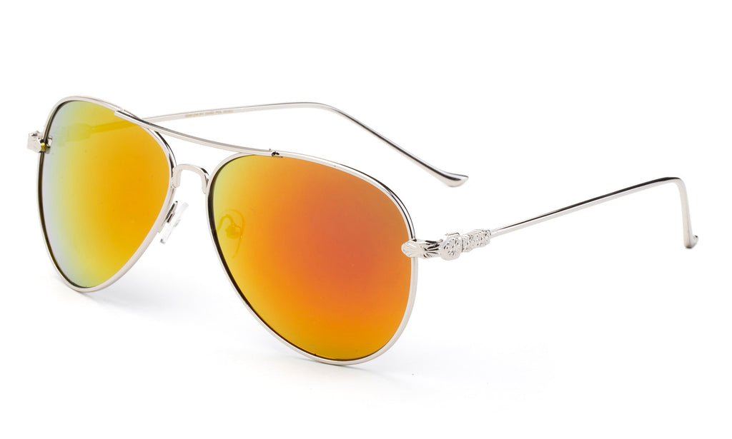 Classic Aviator Sunglasses with Silver Metal Frame and Orange Flash Lens
