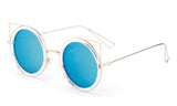 Premium Round Frame Cat Eye Circular Design Sunglasses with UV400 Protected Light Blue Flash Lens and Metal Temples