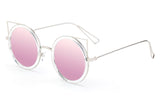 Premium Round Frame Cat Eye Circular Design Sunglasses with UV400 Protected Pink Flash Lens and Metal Temples