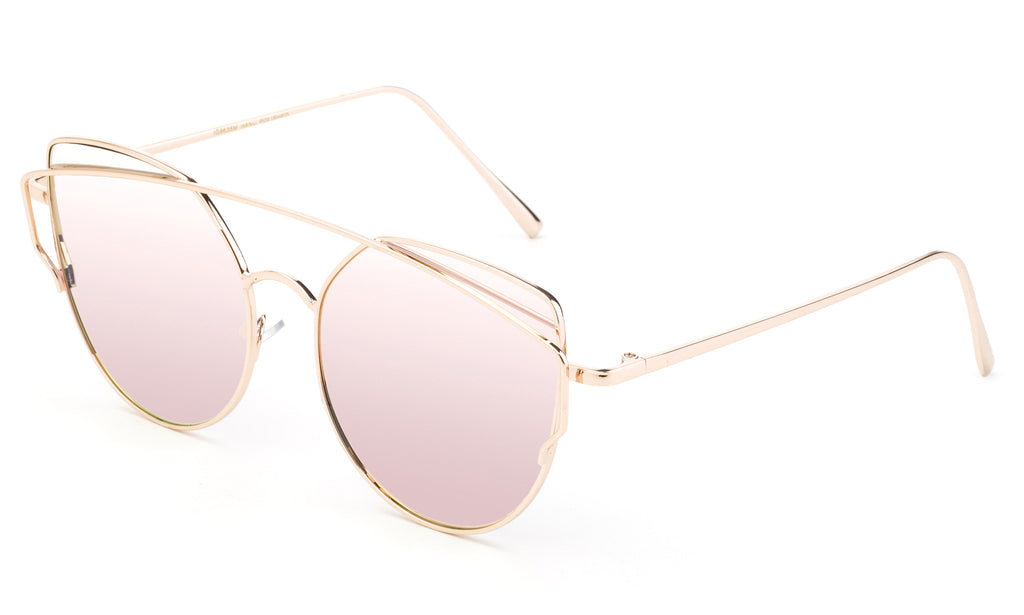 Modern Geometric Aviator Inspired Cat Eye Sunglasses with a Gold Metal Frame and UV 400 Protected Pink Flash Lens.