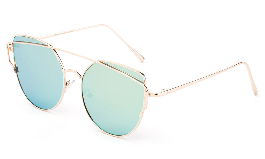 Modern Geometric Aviator Inspired Cat Eye Sunglasses with a Gold Metal Frame and UV 400 Protected Yellow Flash Lens.
