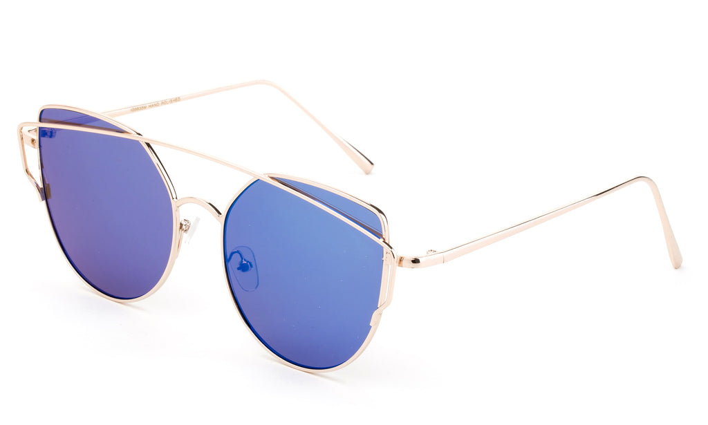 Modern Geometric Aviator Inspired Cat Eye Sunglasses with a Gold Metal Frame and UV 400 Protected Blue Flash Lens.
