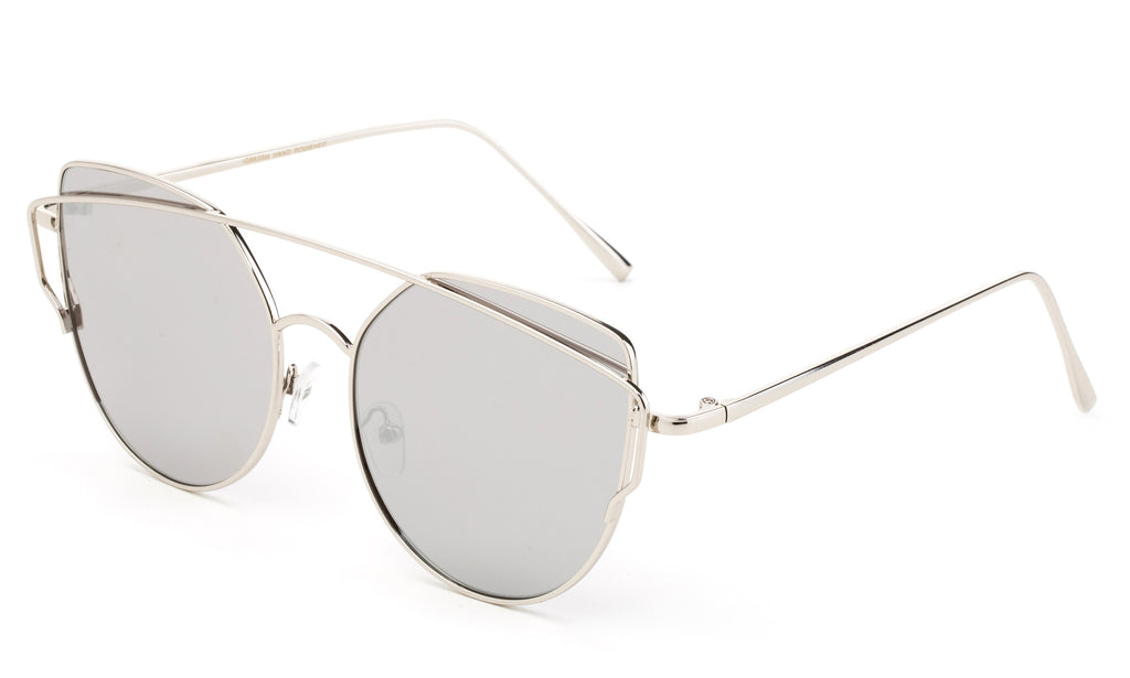 Modern Geometric Aviator Inspired Cat Eye Sunglasses with a Silver Metal Frame and UV 400 Protected Mirror Flash Lens.
