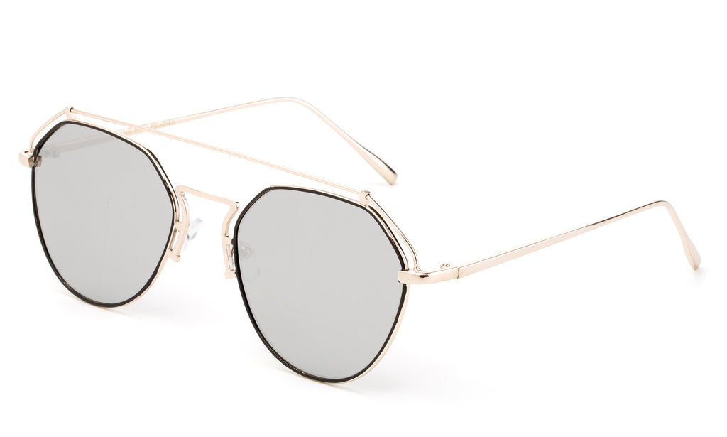 Premium Aviator Inspired Geometric Design Gold Metal Framed Sunglasses with UV400 Protected Mirror Flash Lens.