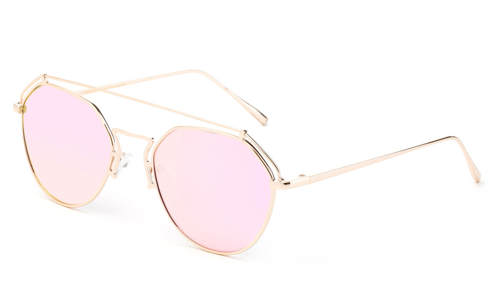 Premium Aviator Inspired Geometric Design Gold Metal Framed Sunglasses with UV400 Protected Pink Flash Lens.