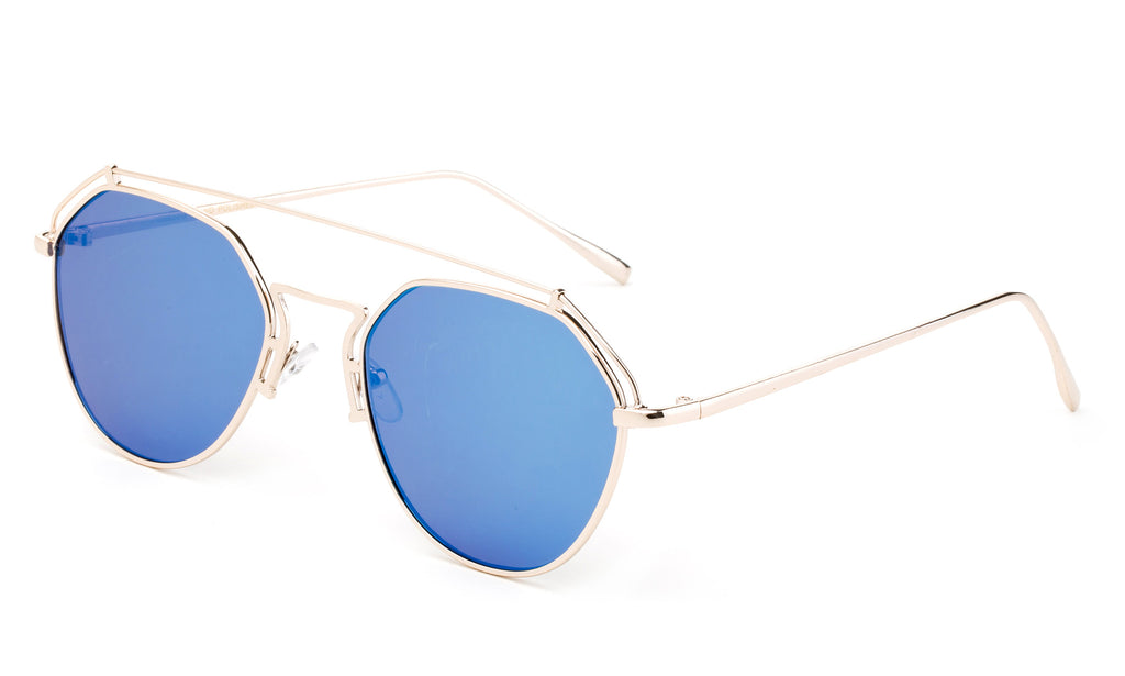 Premium Aviator Inspired Geometric Design Silver Metal Framed Sunglasses with UV400 Protected Blue Flash Lens.