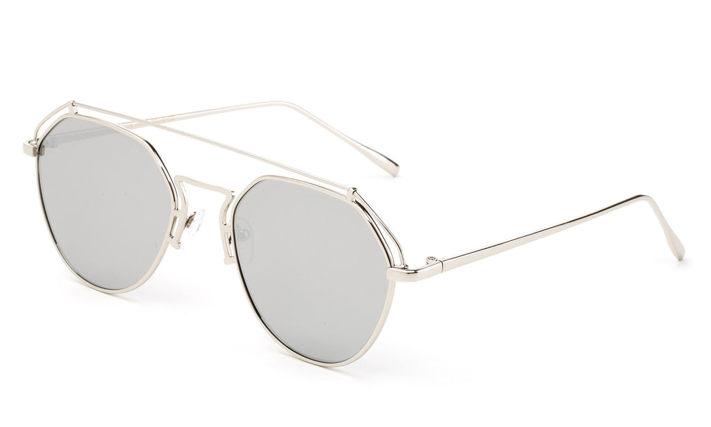 Premium Aviator Inspired Geometric Design Silver Metal Framed Sunglasses with UV400 Protected Mirror Flash Lens.