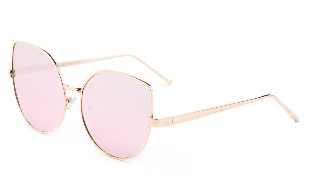 Premium Cat Eye Designer Sunglasses with Stylish Gold Metal Frame and UV 400 Protected Pink Flash Lens.