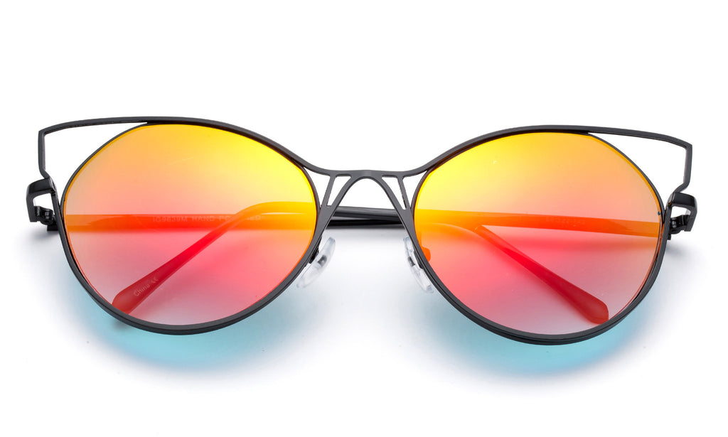 Trendy Cat Eye Inspired Sunglasses with Black Aluminum Frame and Orange Flash Lens