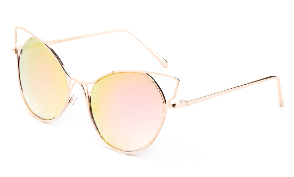 Trendy Cat Eye Inspired Sunglasses with Gold Aluminum Frame and Pink Flash Lens