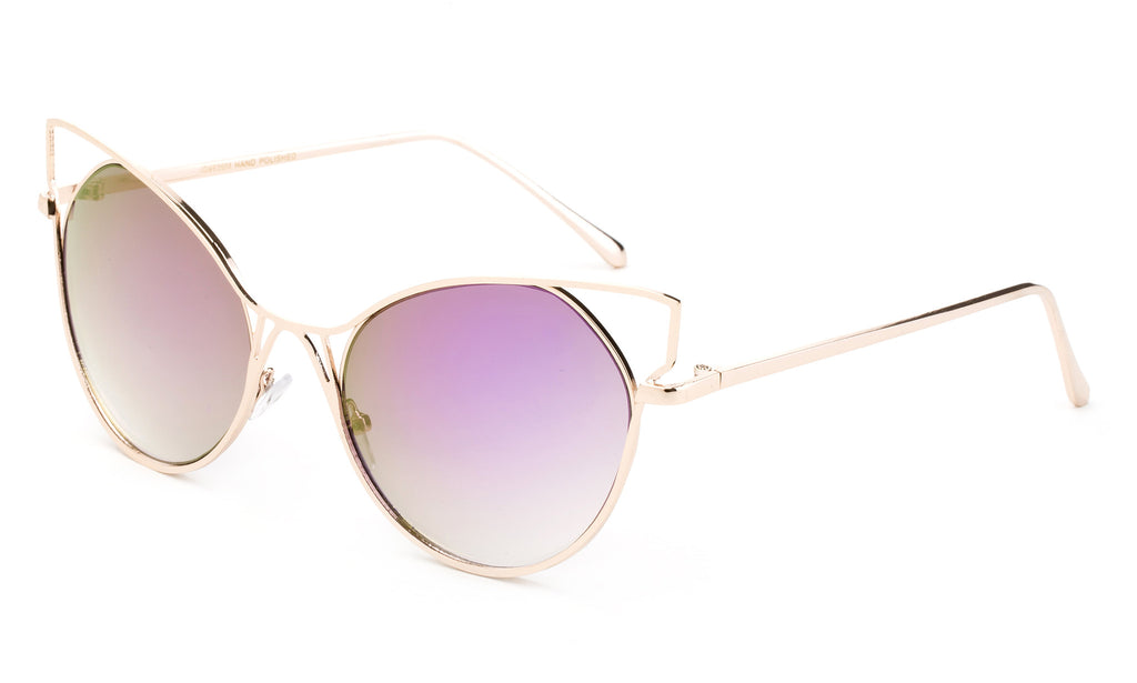 Trendy Cat Eye Inspired Sunglasses with Gold Aluminum Frame and Purple Flash Lens