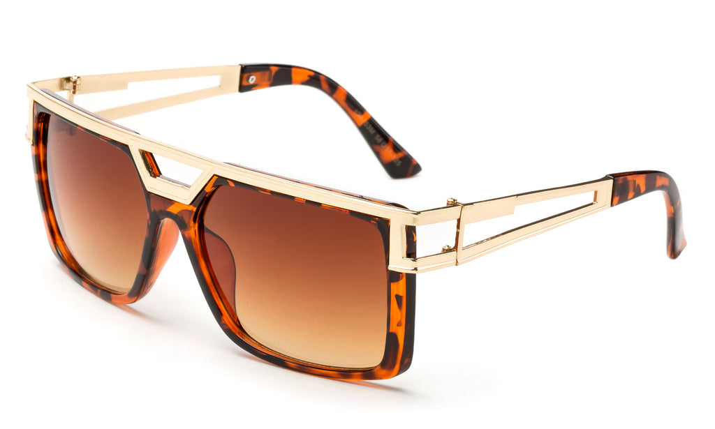 Modern Geometric Squared Design Sunglasses with Gold Metal Accents Along Topside of Tortoise Frame with UV400 Protected Gradient Brown Lens.