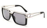 Modern Geometric Squared Design Sunglasses with Silver Metal Accents Along Topside of Black Frame with UV400 Protected Smoke Lens.
