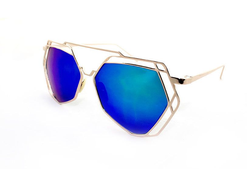 Trendy Geometric Aviator Inspired Sunglasses with a Gold Metal Frame and UV400 Protected Green Flash Lens.
