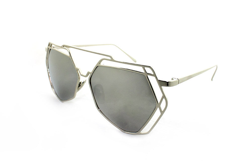 Trendy Geometric Aviator Inspired Sunglasses with a Silver Metal Frame and UV400 Protected Mirror Flash Lens.