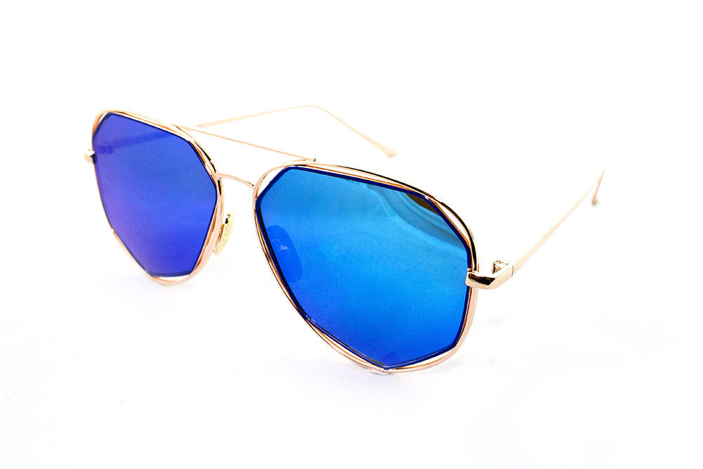 Modern Octagon Geometric Aviator Inspired Air Brushed Aluminum Gold Frame Sunglasses with UV 400 Protected Blue Flash Lens.