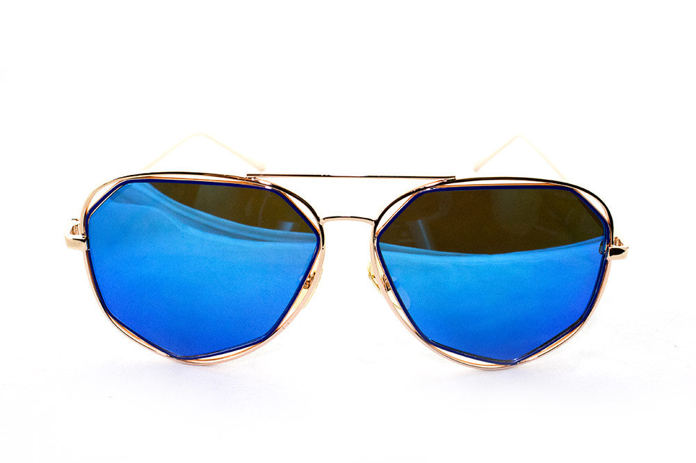 Modern Octagon Geometric Aviator Inspired Air Brushed Aluminum Gold Frame Sunglasses with UV 400 Protected Blue Flash Lens.