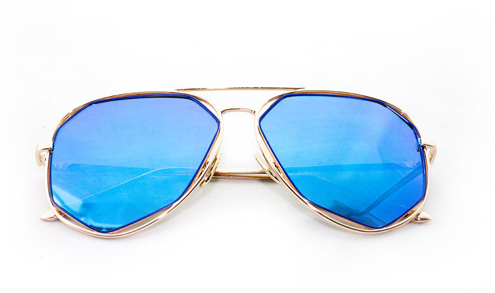Modern Octagon Geometric Aviator Inspired Air Brushed Aluminum Gold Frame Sunglasses with UV 400 Protected Blue Flash Lens.