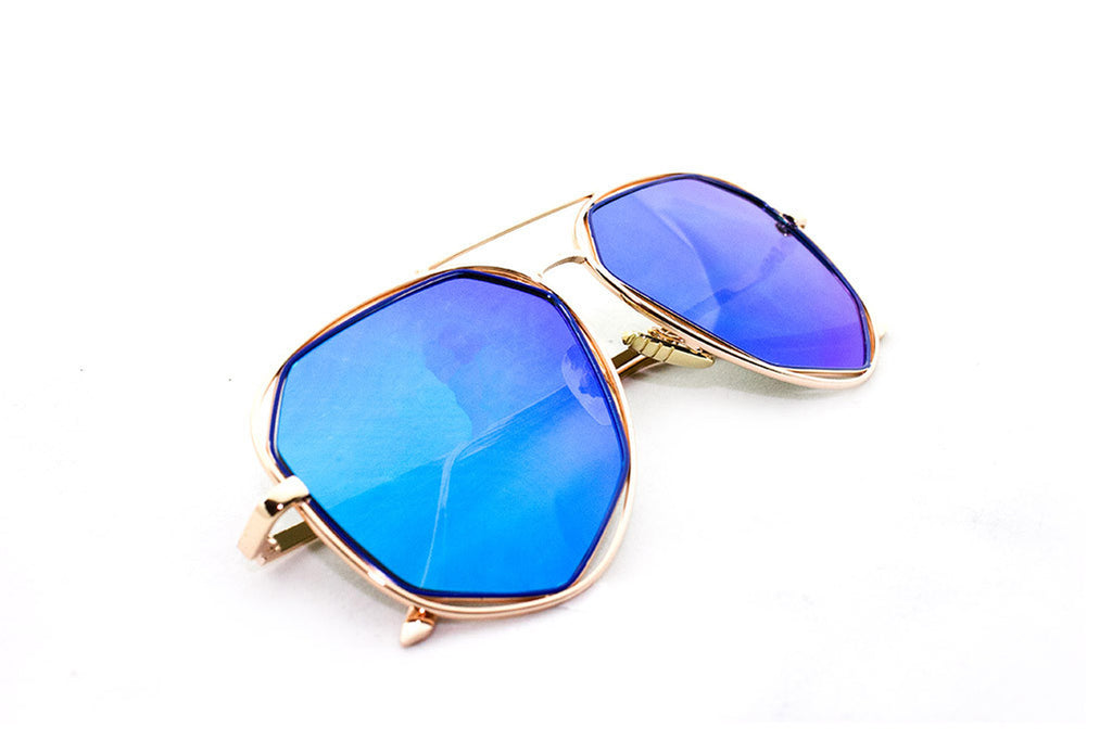 Modern Octagon Geometric Aviator Inspired Air Brushed Aluminum Gold Frame Sunglasses with UV 400 Protected Blue Flash Lens.