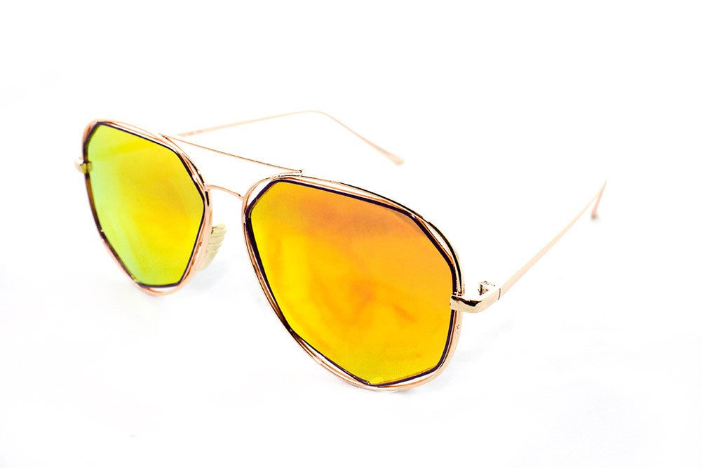 Modern Octagon Geometric Aviator Inspired Air Brushed Aluminum Gold Frame Sunglasses with UV 400 Protected Yellow Flash Lens.
