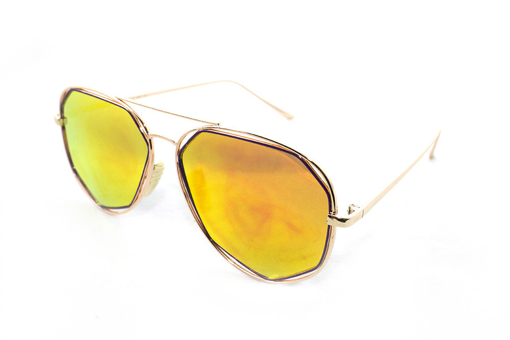 Modern Octagon Geometric Aviator Inspired Air Brushed Aluminum Gold Frame Sunglasses with UV 400 Protected Orange Flash Lens.