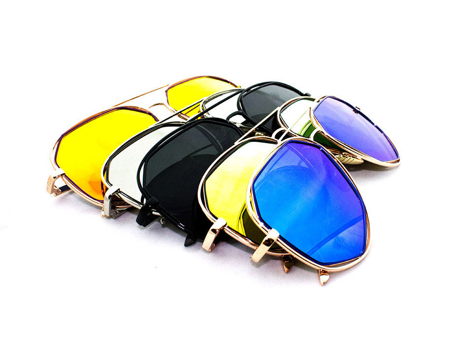 Modern Octagon Geometric Aviator Inspired Air Brushed Aluminum Frame Sunglasses with UV 400 Protected Flash Lens.