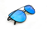 Trendy Geometric Aviator Inspired Cat Eye Sunglasses with a Black Metal Frame and UV400 Protected Blue Flash Len