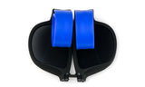 Trendy Folding Horned Rim Sunglasses with Colored Rubber Bendable Temples in Black and Blue.