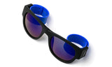 Trendy Folding Horned Rim Blue Flash Lens Sunglasses with Blue Rubber Bendable Temples.