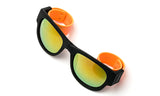 Trendy Folding Horned Rim Yellow Flash Lens Sunglasses with Orange Rubber Bendable Temples.
