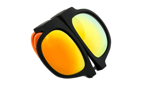 Trendy Folding Horned Rim Flash Lens Sunglasses with Colored Rubber Bendable Temples.