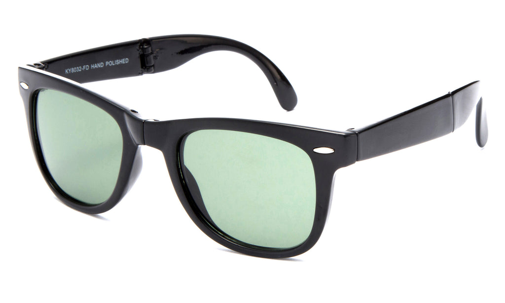 Fold-able Horned Rim Wayfarer Black Frame Sunglasses with a UV Protected Green Lens.