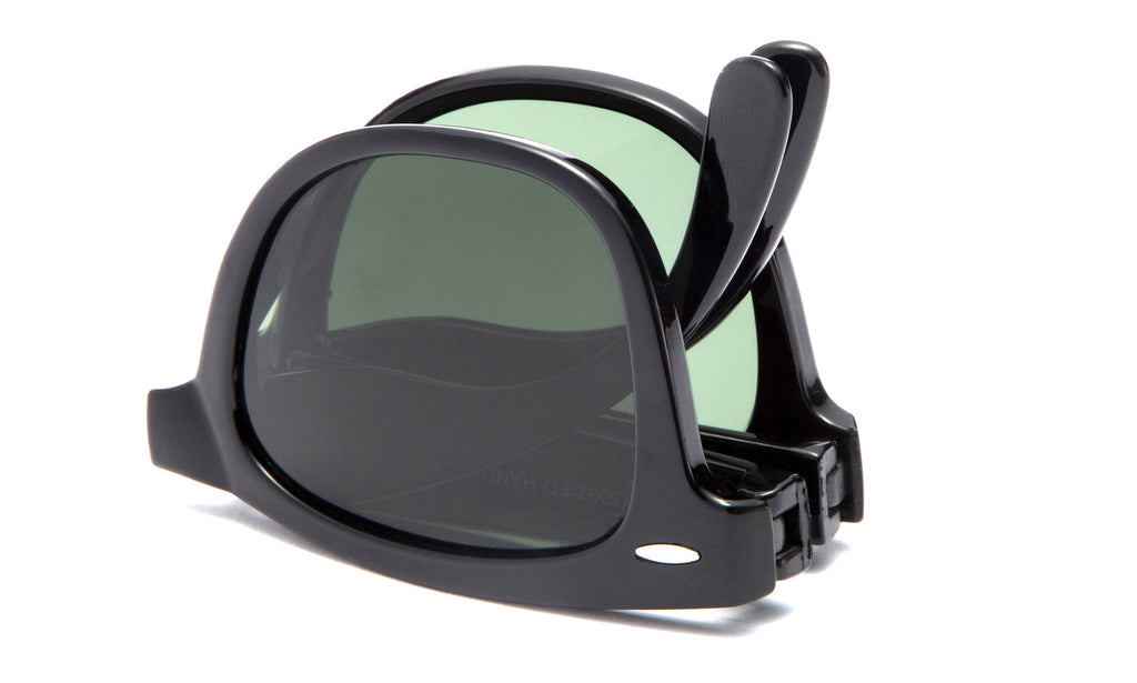 Fold-able Horned Rim Wayfarer Black Frame Sunglasses with a UV Protected Green Lens.