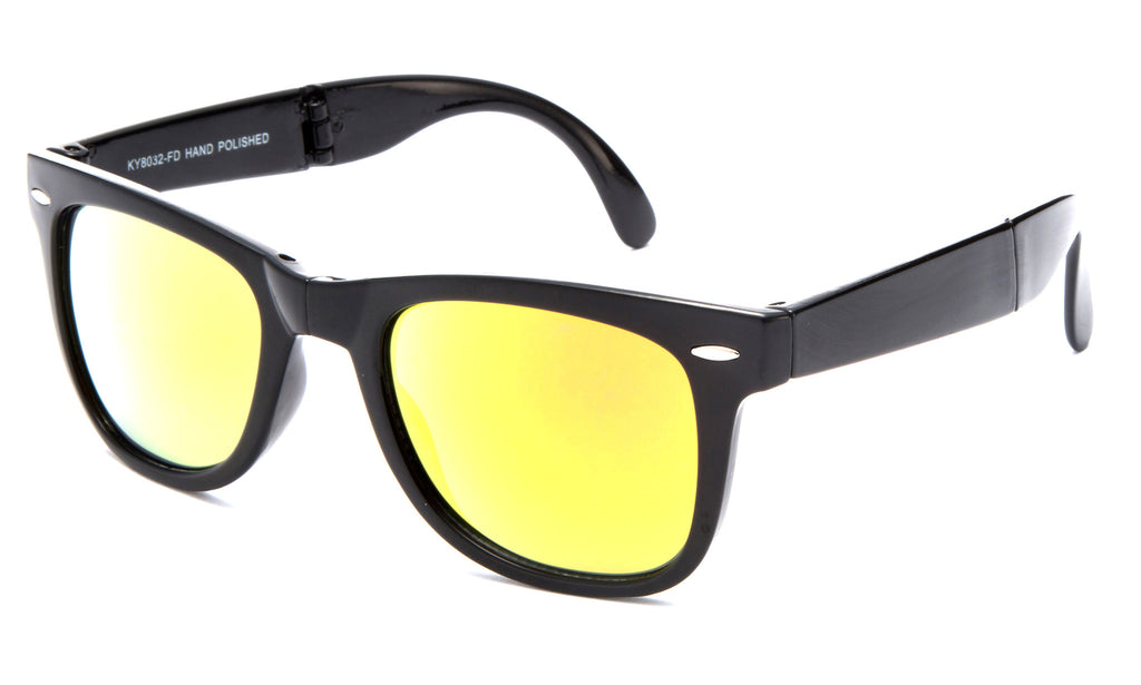 Fold-able Horned Rim Wayfarer Black Frame Sunglasses with a UV Protected Yellow Flash Lens.