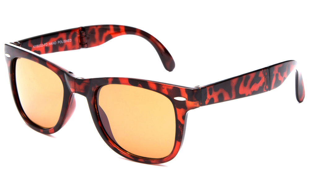 Fold-able Horned Rim Wayfarer Tortoise Frame Sunglasses with a UV Protected Brown Lens.
