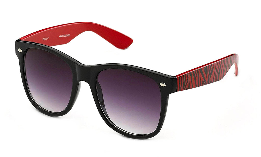 Zebra Inspired Horned Rim Wayfarer with a Black Frame and Red Temples.
