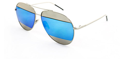 Classic Aviator Inspired Air Brushed Aluminum Silver Framed Spring Hinge Sunglasses with Double Color UV Protected Blue Flash Lens.