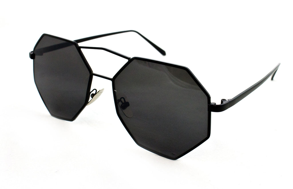 Trendy Octagon Geometric Aviator Inspired Sunglasses with a Black Metal Frame and UV400 Protected Smoke Flash Lens.
