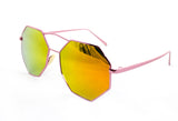 Trendy Octagon Geometric Aviator Inspired Sunglasses with a Pink Metal Frame and UV400 Protected Orange Flash Lens.