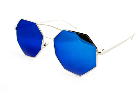 Trendy Octagon Geometric Aviator Inspired Sunglasses with a Gold Metal Frame and UV400 Protected Blue Flash Lens.