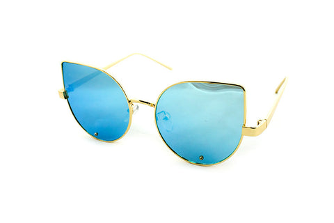 Classic Cat Eye Design with Air Brushed Aluminum Gold Frame and UV400 Protected Blue Flash Lens Sunglasses.