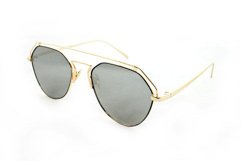 Modern Geometric Aviator Inspired Air Brushed Aluminum Gold Frame Sunglasses with UV 400 Protected Smoke Flash Lens.