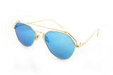 Modern Geometric Aviator Inspired Air Brushed Aluminum Gold Frame Sunglasses with UV 400 Protected Blue Flash Lens.