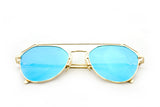 Modern Geometric Aviator Inspired Air Brushed Aluminum Gold Frame Sunglasses with UV 400 Protected Blue Flash Lens.