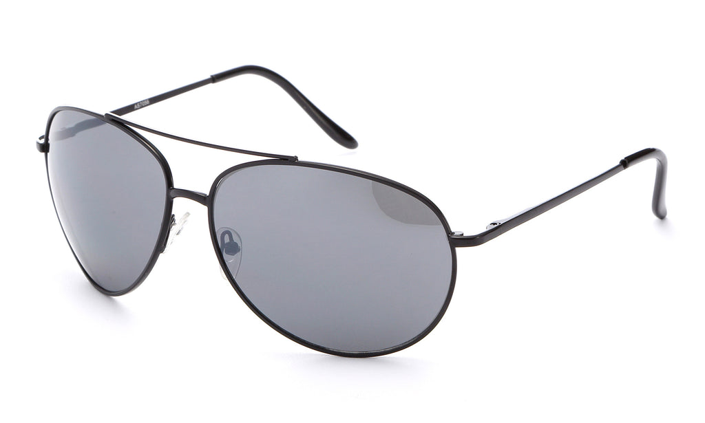 Classic Aviator Inspired Curved Metal Black Frame with Solid Smoke UV 400 Protected Lens. 