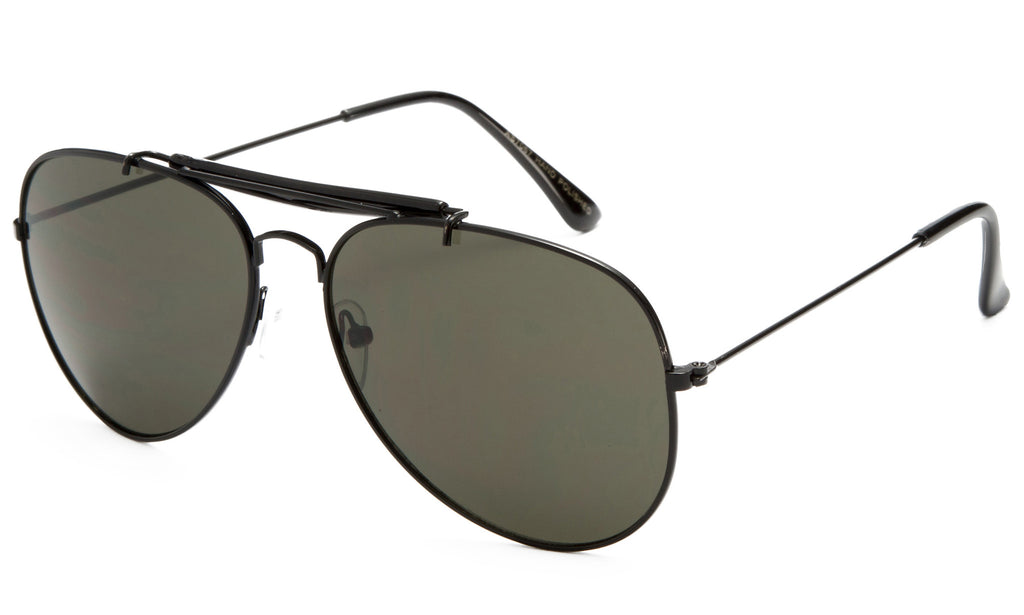 Classic Aviator Inspired Wrap Around Black Metal Frame Driving Sunglasses with UV 400 Protected Solid Green Lens.
