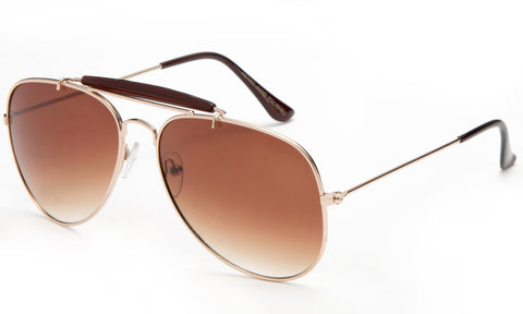 Classic Aviator Inspired Wrap Around Gold Metal Frame Driving Sunglasses with UV 400 Protected Gradient Brown Lens.