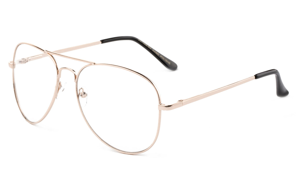 Classic Pilot Aviator Inspired Gold Metal Frame Glasses with UV 400 Protected Clear Lens. 