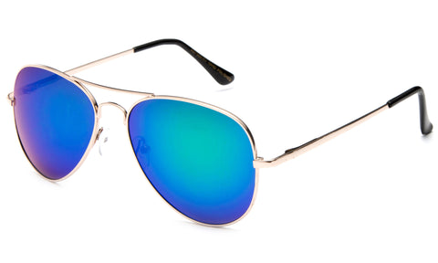 Classic Pilot Aviator Inspired Metal Gold Frame Sunglasses with UV 400 Protected Green Flash Lens. 
