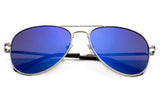Classic Pilot Aviator Inspired Driving Metal Silver Frame Sunglasses with UV 400 Protected Blue Flash Lens.